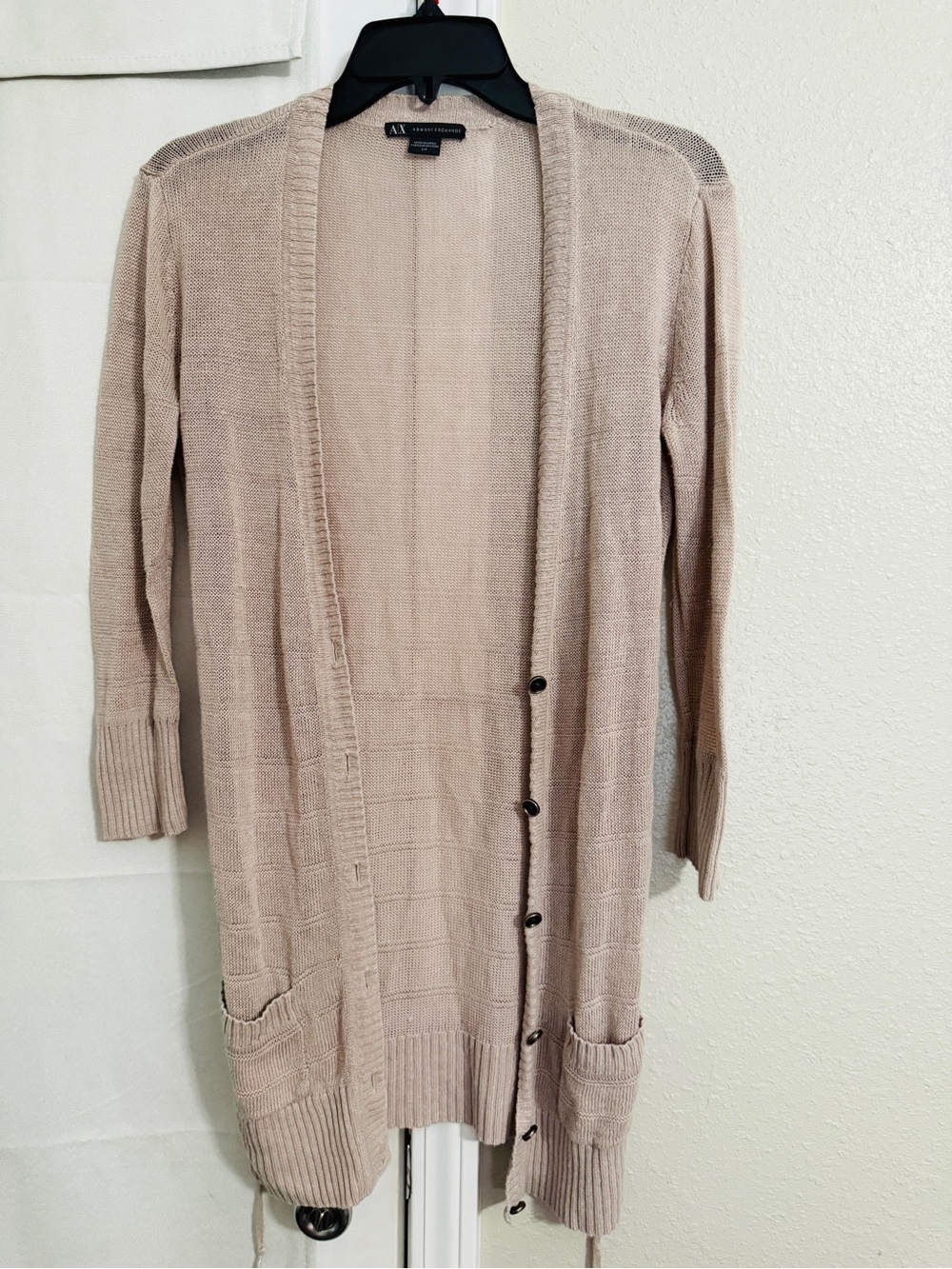 A/X Armani Exchange Beige Open-Front Long Knit Cardigan
